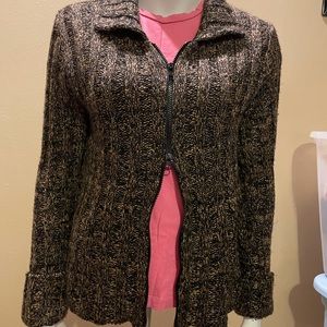 Dark brown & tan cable knit zipped cardigan